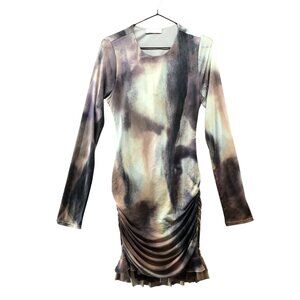 Emory Park Mesh Long Sleeve Mini Dress Womens L Tie Dye Gray Ruched Bodycon